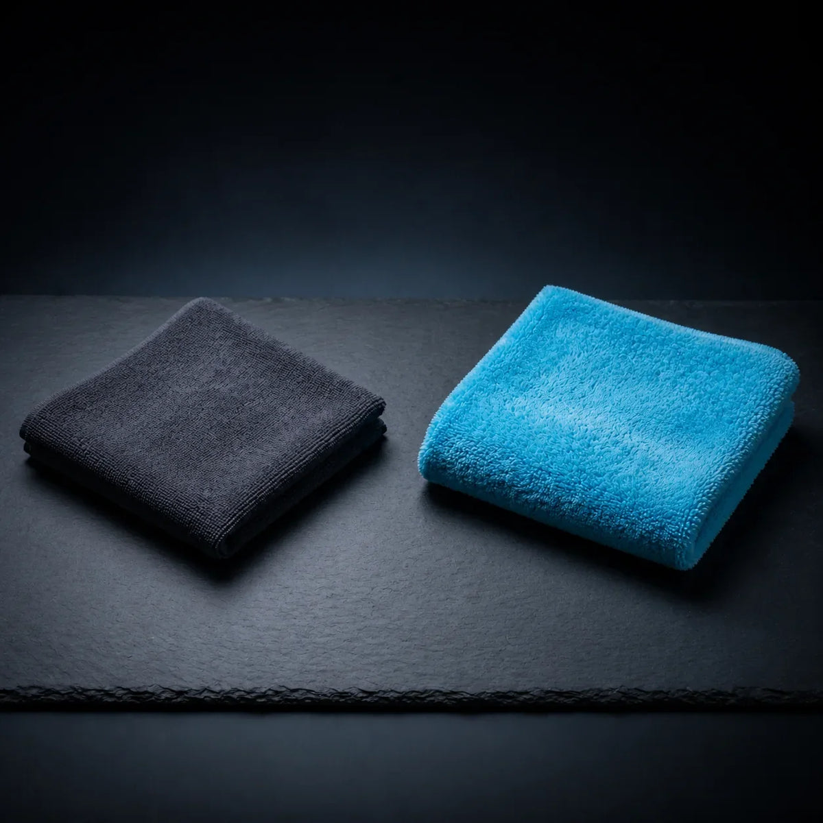 HexaGloss dual-GSM microfiber kit with charcoal leveling towel and cyan buffing towel