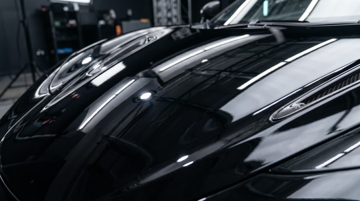 Polished jet-black car hood with deep mirror reflections