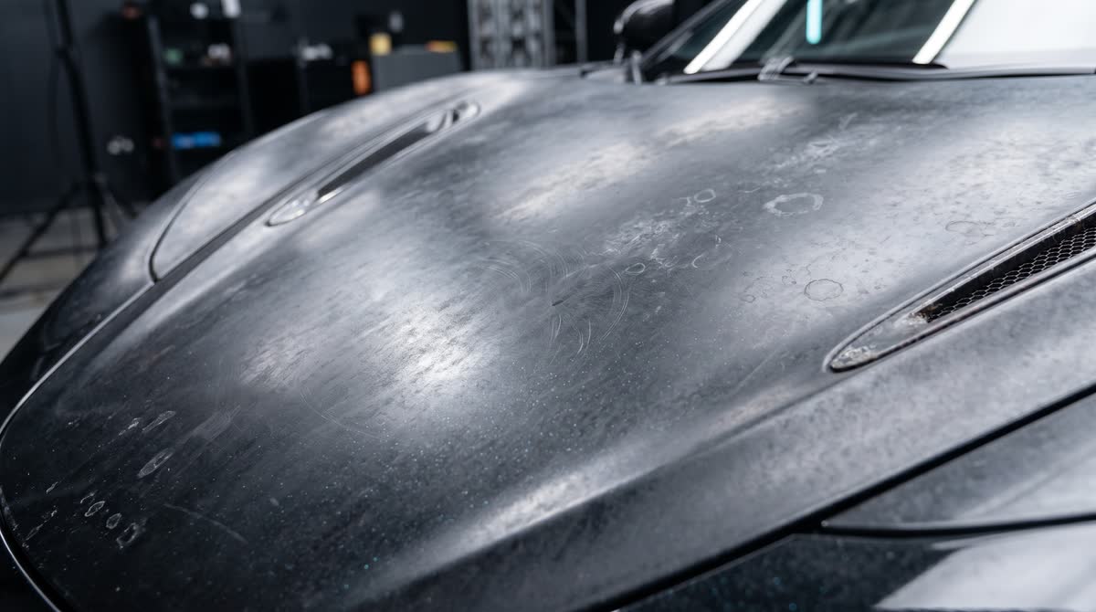 Weathered black car hood with oxidation, water spots, and swirl marks