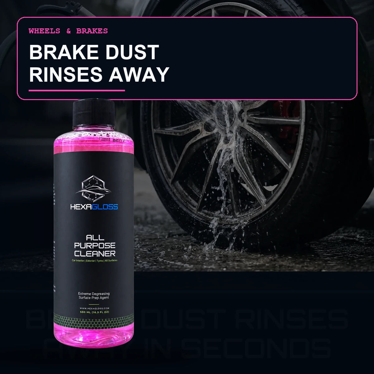 HexaGloss All-Purpose Cleaner removing heavy brake dust from a vehicle wheel