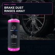 HexaGloss All-Purpose Cleaner removing heavy brake dust from a vehicle wheel