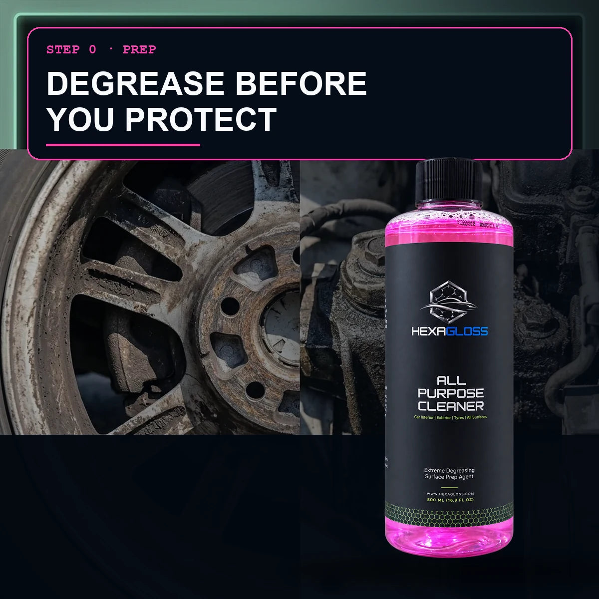 HexaGloss All-Purpose Cleaner degreasing automotive surfaces before protection