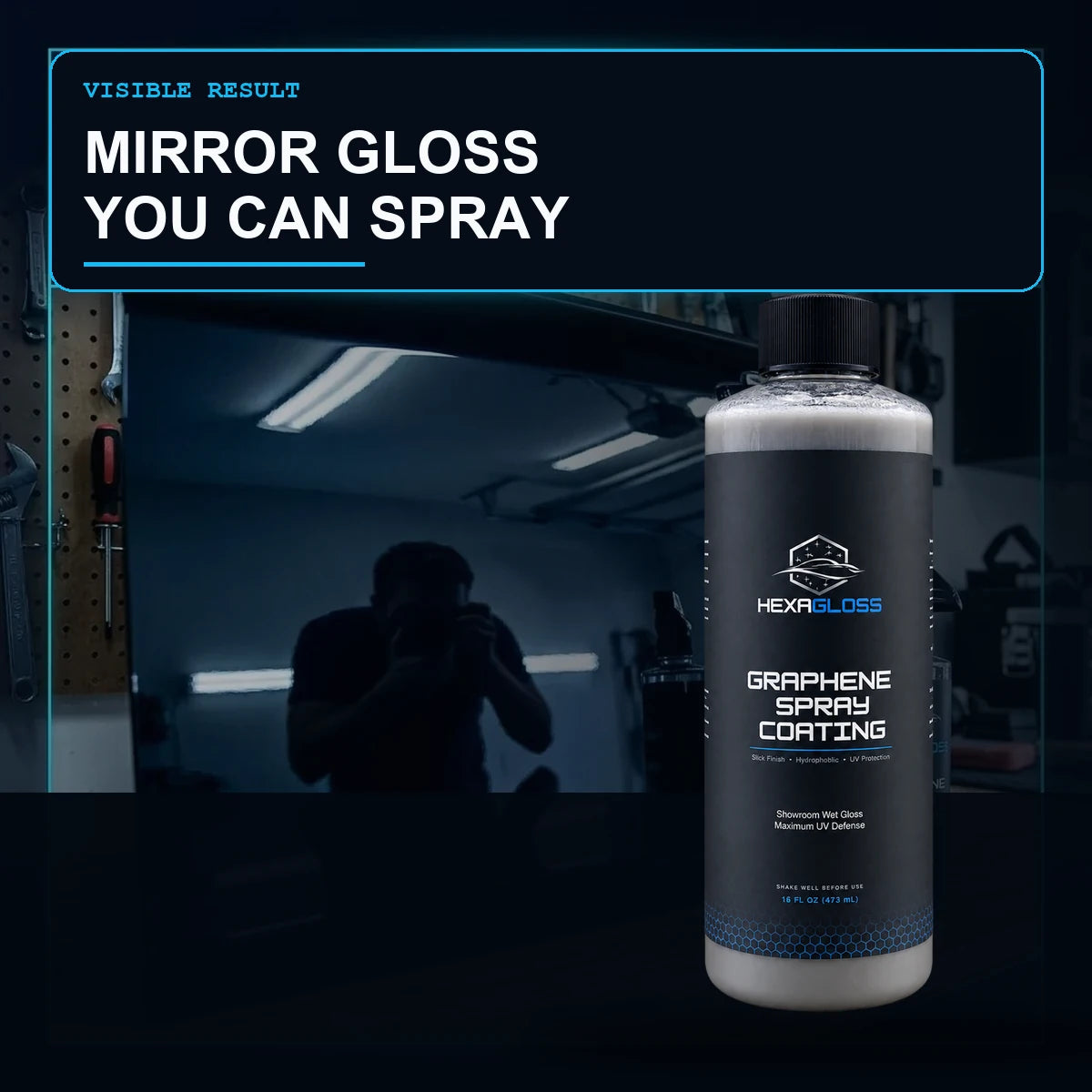 HexaGloss Graphene Spray Coating creating mirror gloss on black car paint