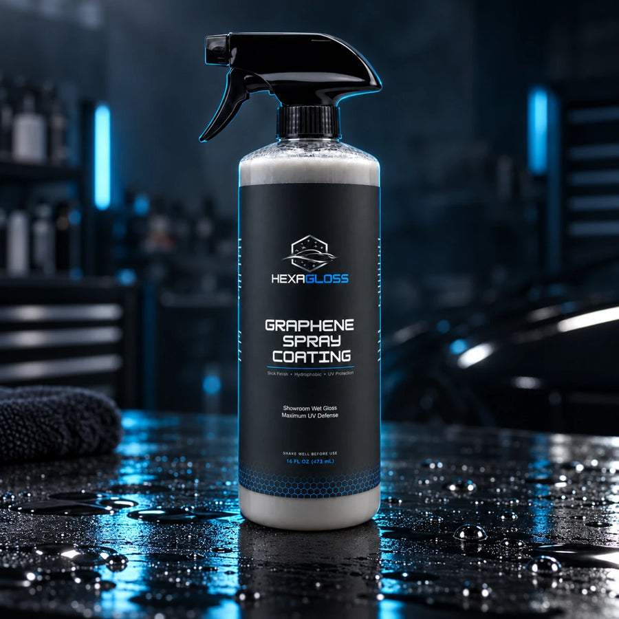 HexaGloss Graphene Spray Coating with trigger sprayer in a detailing studio with hydrophobic water beading